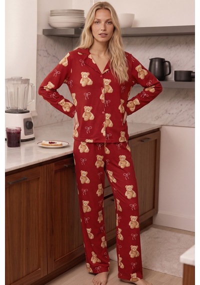 Siyah İnci Desenli Termal Kumaşlı Ultra Soft Yumuşak Düğmeli Örme Pijama Takımı 26226120 Kırmızı