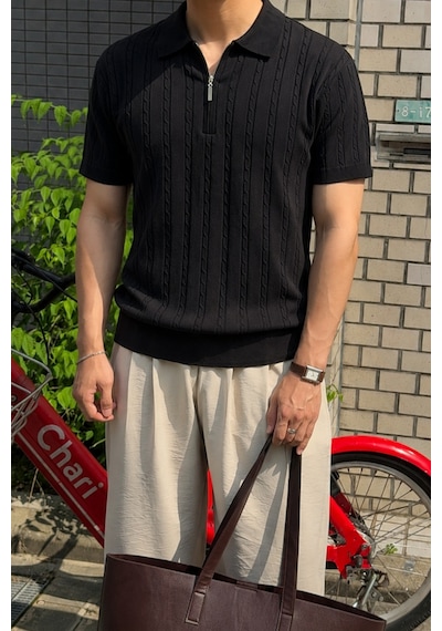 Tarz Cool Erkek Slim Fit Fermuarlı Polo Yaka Saç Örgü Desenli Triko Tişört Yazlık Pamuklu Esnek Örme Siyah