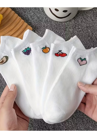 Hitit Socks Kadın 5 Çift Renkli Meyve Desenli Günlük Premium Kalite Bilek... Beyaz