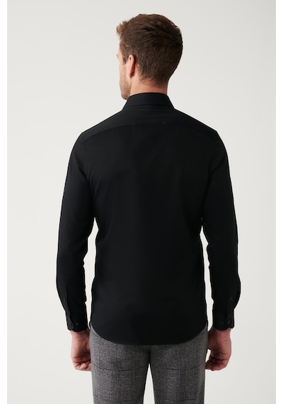 Avva Erkek Siyah Gömlek Klasik Yaka %100 Pamuk Saten Slim Fit Dar Kesim  B002006 Siyah