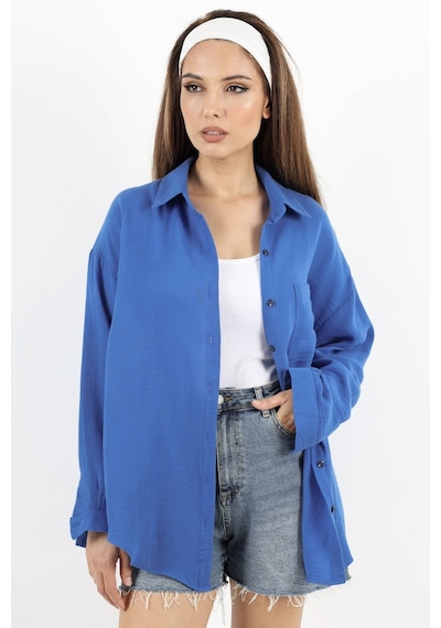 Ritnice Kadın Yumuşak Müslin Kumaş Uzun Mavi Oversize Gömlek Mavi