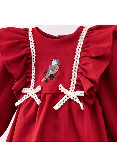 Kuş Nakışlı Kız Bebek Elbise Kırmızı