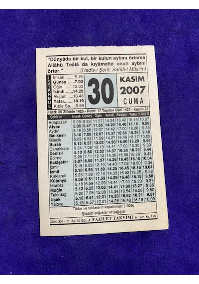 30 Kasım 2007 Takvim Yaprağı - Nostalji Koleksiyonluk Takvim Yaprağı