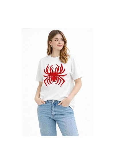 Kadın Örümcek Baskılı Tişört Kısa Kollu Bisiklet Yaka T-shirt - Beyaz