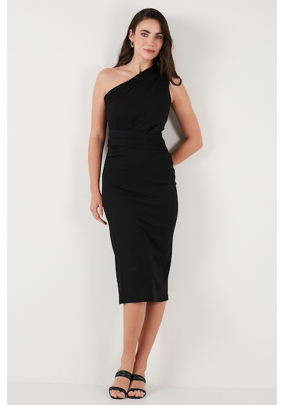 Lela Desenli Slim Fit Midi Boy Tek Omuzlu Bayan Elbise 5866202 Siyah