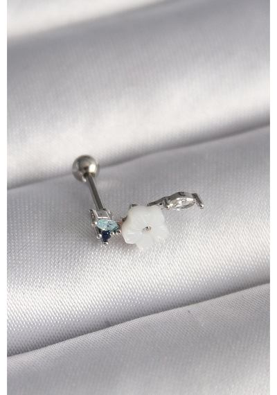 316l Çelik Gümüş Renk Zirkon Taş Detay Beyaz Çiçek Model Tragus Piercing