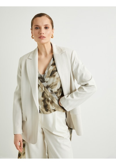 Koton Oversize Blazer Ceket Tek Düğmeli Kapaklı Cepli Bej Çizgili 4sak50088uw Ekru