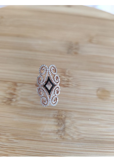 Roz Kaplama Oniks Baklava Desenli Filigran Yüzük Gümüş - Rose Gold