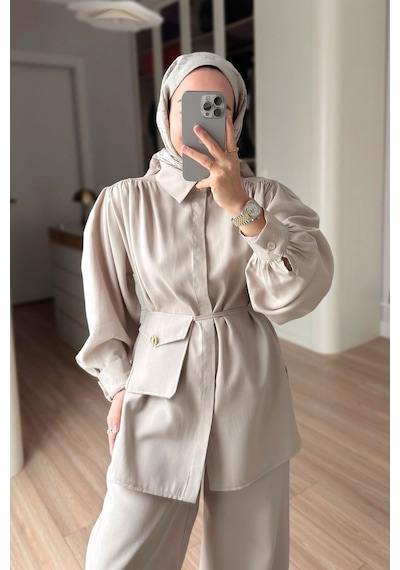 Ka Hijab Balon Kol Mini Çantalı Takım - Bej