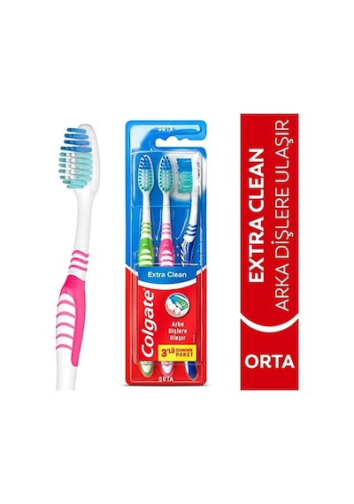 Colgate Extra Clean Dil Temizleyicili Arka Dişlere Uzanan Orta Diş Fırçası 3'lü Ekonomik Paket
