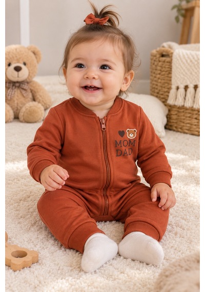 Beniizle Baskılı Unisex 3 İplik Şardonlu Fermuarlı Bebek Tulum Kiremit