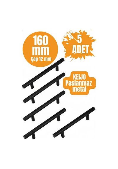 5 Adet Keijo Siyah 160mm Paslanmaz Kulp Mobilya, Dolap Kulbu, Kulp Modeli Mat Siyah