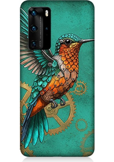 Huawei P40 Pro Uyumlu Turkuaz Zeminde Sinek Kuşu Desenli Silikon Kılıf Çok Renkli