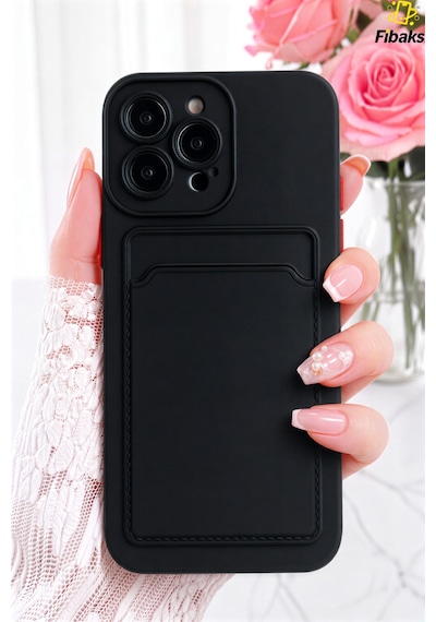 Fibaks iPhone 16 Pro Uyumlu Kılıf Kamera Korumalı Kartlıklı Cüzdanlı Kırmızı Tuşlu Siyah Silikon Kapak