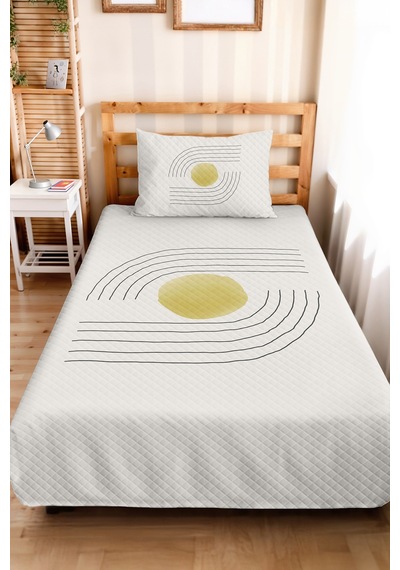 Sarı Geometrik Modern Genç Odası Tek Kişilik Pike Takımı-gri Çizgili 160x220cm Kapitone Yatak Örtüsü Gümüş