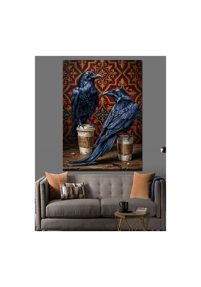İki Siyah Kuzgun Ve Desenler Yağlı Boya Dokulu Kanvas Tablo Canvas Tablosu