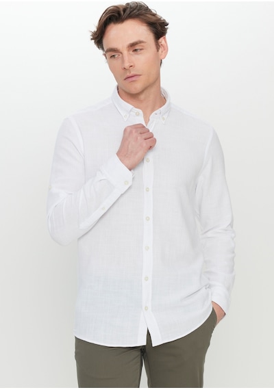 AC&Co / Altınyıldız Classics Erkek Beyaz %100 Pamuk Flamlı Slim Fit Dar Kesim Düğmeli Yaka Armürlü Gömlek Beyaz