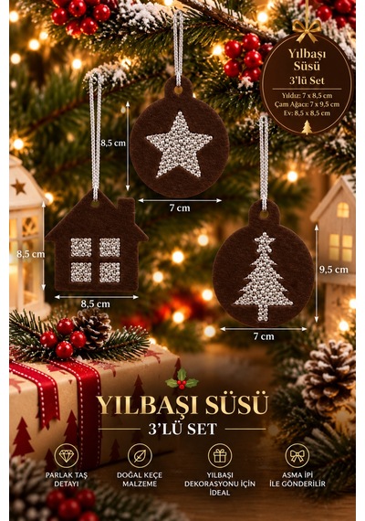Taşlı Keçe Yılbaşı Süsü 3 Lü Set Çift Taraflı Işıltılı Dekor 4 Renk Seçenekli Kahverengi