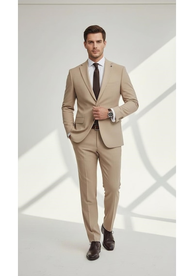 Erkek Slim Fit Mikro Desenli Takım Elbise 2 Düğmeli Çift Yırtmaçlı Modern Ceket Pantolon Takım Bej Erkek Slim Fit Mikro Desenli Takım Elbise 2 Düğmeli Çift Yırtmaçlı Modern Ceket Pantolon Takım Bej