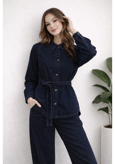Hiramir Kadın Modern Kesim Kuşaklı Denim Takım Yz2601 Lacivert