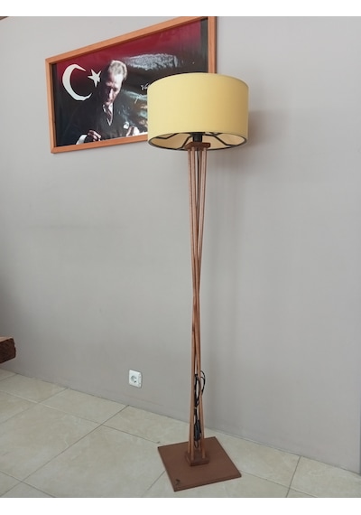 Sarı Kumaş Başlık-ahşap Köşe Aydınlatması- Lambader- Koyu Meşe
