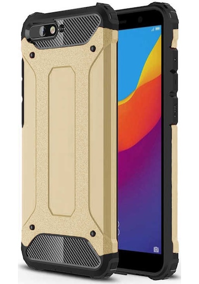 Ekılıf - Huawei Y6 2018 Uyumlu Kılıf Çift Katman Zırh Tank Crash Military Kapak - Gold