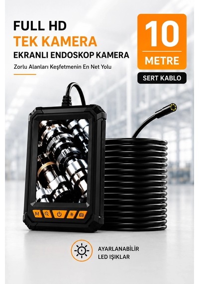 10 Metre Tek Kameralı Endoskop Kamera 1080p Hd Led Aydınlatmalı Sert Kablolu Yeni