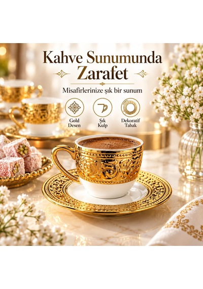 Valkyrie Harem Serisi 6 Kişilik 12 Parça Kahve Fincan Takımı Gold Detaylı Şık Fincan Seti Beyaz Altın