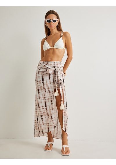 Koton Koton X Şahika Ercümen - Midi Boy Sarong Etek Batik Desenli Yüksek Bel Pamuklu Kahverengi Desenli 4sak70266ew Kahverengi