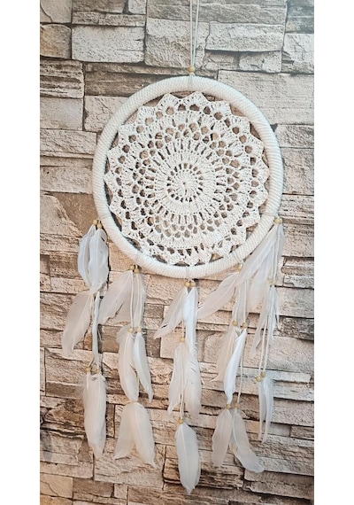 Düş Kapanı Makrome Dreamcatcher Ekru Kuş Tüyü Rüya Kapanı Duvar Süsü Elişi