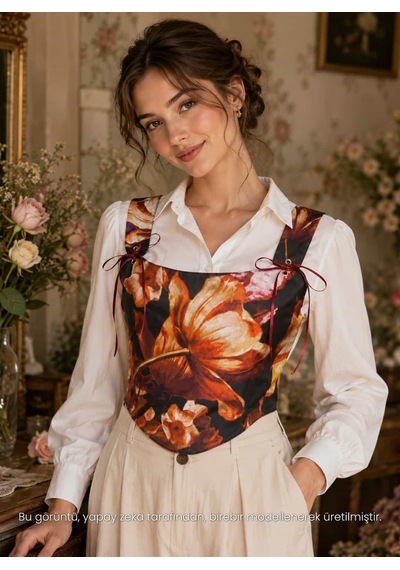 L'aura Corset Lale Desenli Çift Taraflı Bayan Korse Büstiyer Kırmızı