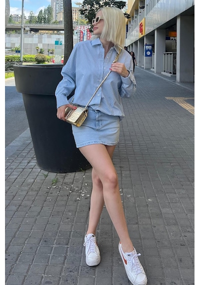 Madmext Mavi Çizgili Over Fit Gömlek Mg1525 Mavi