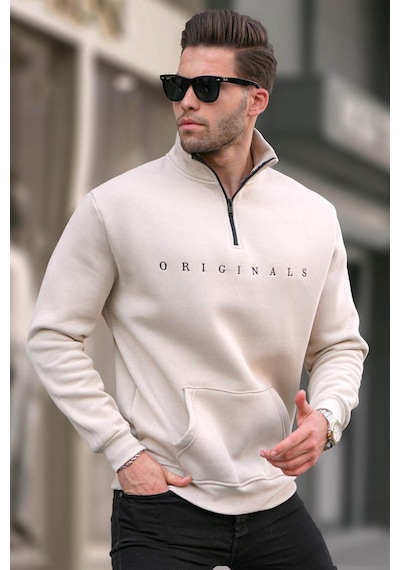 Madmext Bej Fermuar Yaka Nakışlı Sweatshirt 6028 Bej