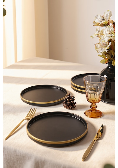 Keramika Mat Siyah Gold Fileli Stackable Pasta Tabağı 21 Cm 4 Adet