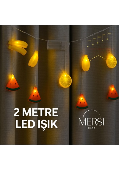 2 Metre 10 Led Karışık Meyve Şeklinde Pilli Dekoratif Aydınlatma Işık Süsü Altın
