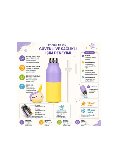Koı Mor Unicorn 500 Ml Paslanmaz Çelik-pipetli Çocuk Termosu Ve Suluk Mor Mor