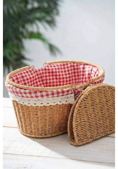 Digithome Kapaklı Rattan Vintage Dantelli Oval Piknik Sepeti -9t13 U/5 Kahverengi