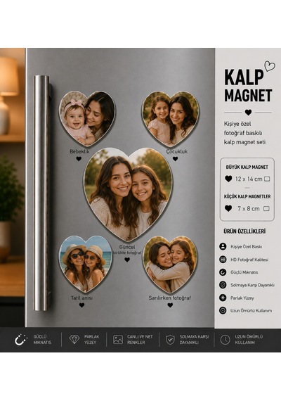 Kalp Fotoğraf Magneti Anne Ve Kıza Kişiselleştirilebilir Sevgi Dolu Anı Hediye Seti