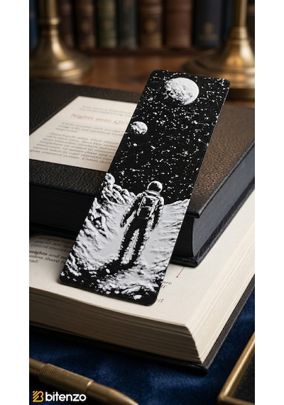 Astronot Ve Gezegen Tasarım Kabartma Dokulu Kitap Ayracı - Uzay Temalı Mat Siyah Kitap Aksesuarı