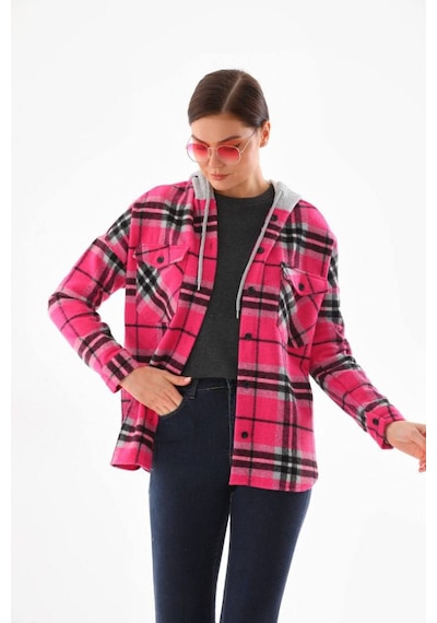 Polologin Butik Kadın Fuşya Pembe Kapüşonlu Ekose Oduncu Gömlek Ceket Pembe