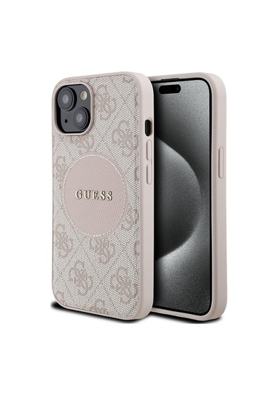 Apple Uyumlu iPhone 15 Kılıf Guess Lisanslı M-safe Şarj Özellikli Yazı Logolu Circle Classic Kapak Pembe