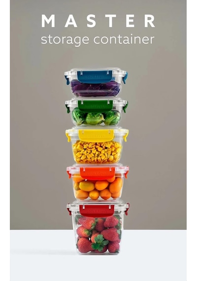 3'lü Master Kare Saklama Kabı Seti, 900ml-1500ml-2400ml, Şeffaf Çok Renkli