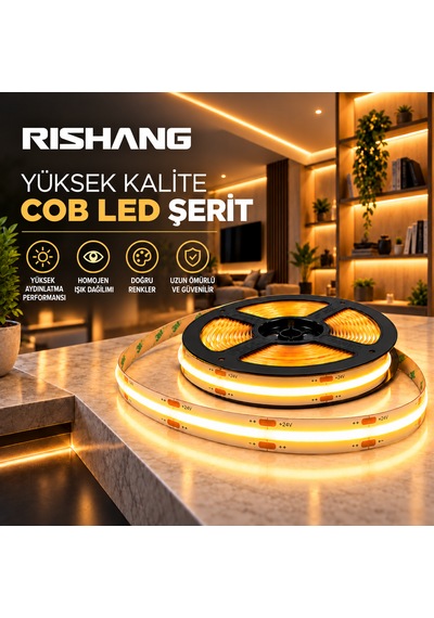 Cob Şerit Led 12v 300 Led/m Crı 90+ Noktasız Günışığı Aydınlatma 3000k 5 Metre