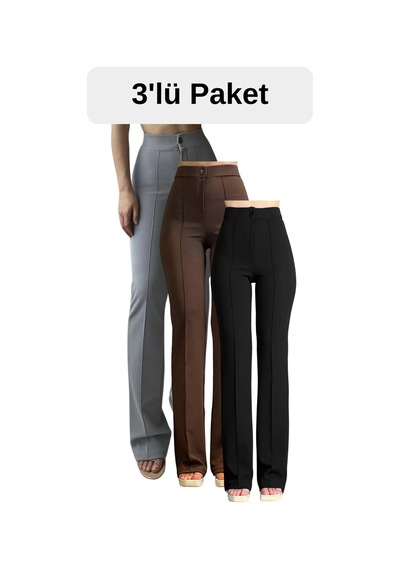 Thiff Gymwear Krep Kumaş Likralı Kadın Palazzo Pantolon 3'lü Set Siyah-gri-kahverengi