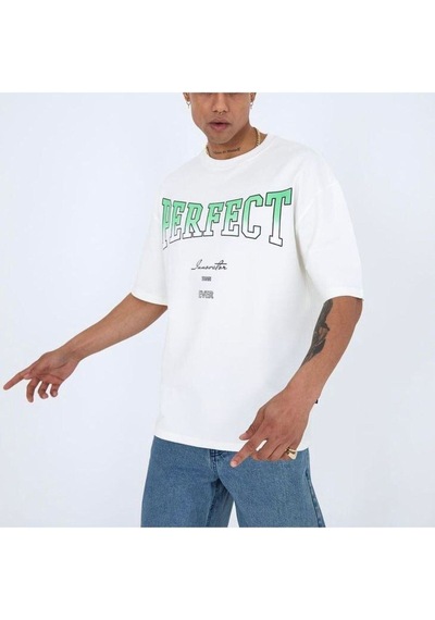 Flood Of Style Erkek Beyaz Perfect Baskılı Oversize Bisiklet Yaka Tshirt
