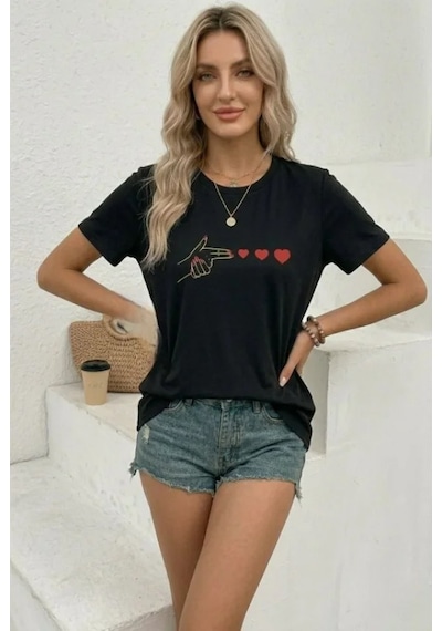Efnaz Style Minimal Kalp İşaret Baskılı Tişört Kısa Kol Yazlık T-shirt - Siyah