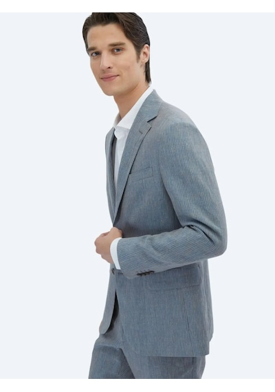 Kip Koyu Mavi Çizgili Modern Fit %100 Keten Takım Elbise Koyu Mavi