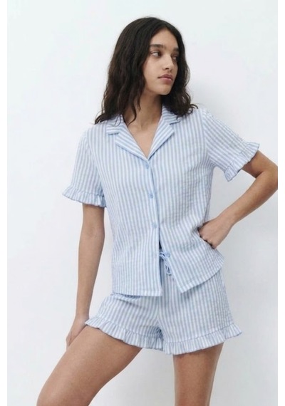 Kadın Desenli Trend Mavi Pijama Takımı