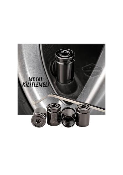 Kilitlemeli Sibop Kapağı Alyanlı Sibop Kapağı Araba Motosiklet Bisiklet Metal Sıkmalı Siyah 4 Lü Set 00 Şüscaroto Aksesuar