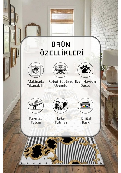 Ring Dijital Baskılı Kaymaz Yıkanabilir Yolluk Açık Gri